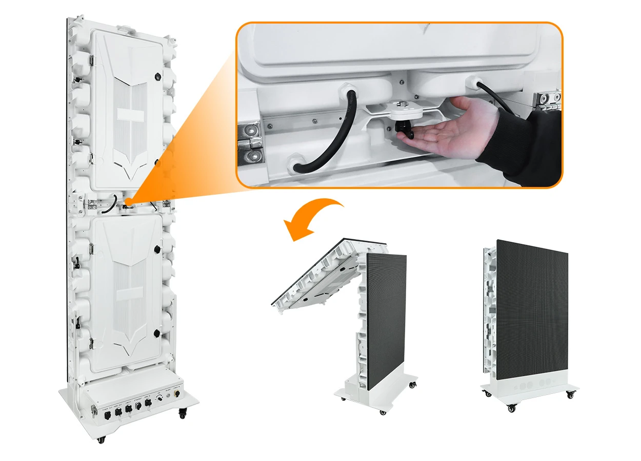 EA1920OP2 Folding Design - EagerLED | Leading LED Screen Supplier - EagerLED | Leading LED Screen Supplier EA1920OP2 folding mechanism and rear latch on the wheeled poster display