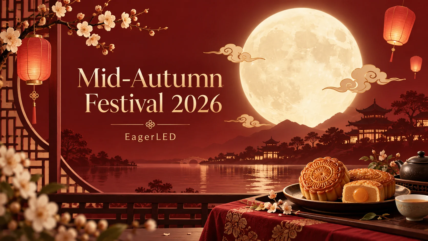 EagerLED Mid-Autumn Festival 2026 artwork with a full moon, red lanterns and mooncakes