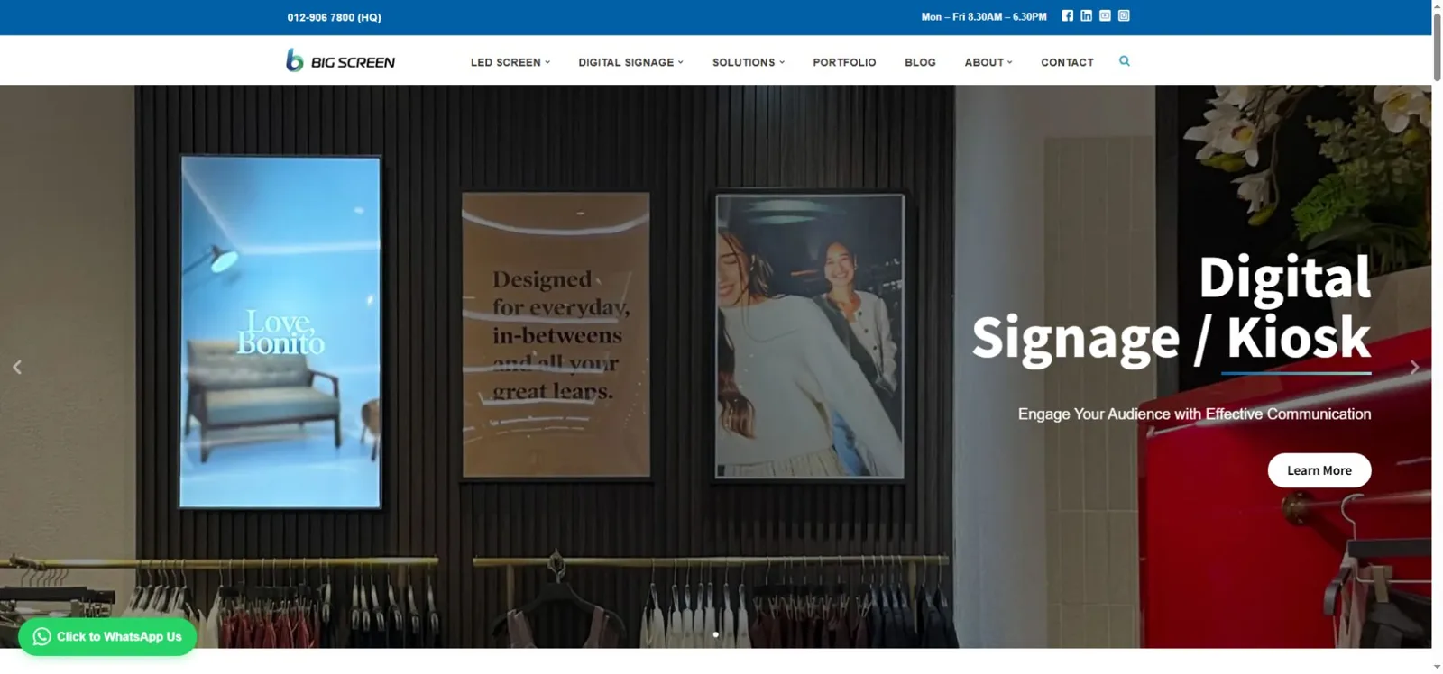 Big Screen Media official website showing company navigation and LED display information