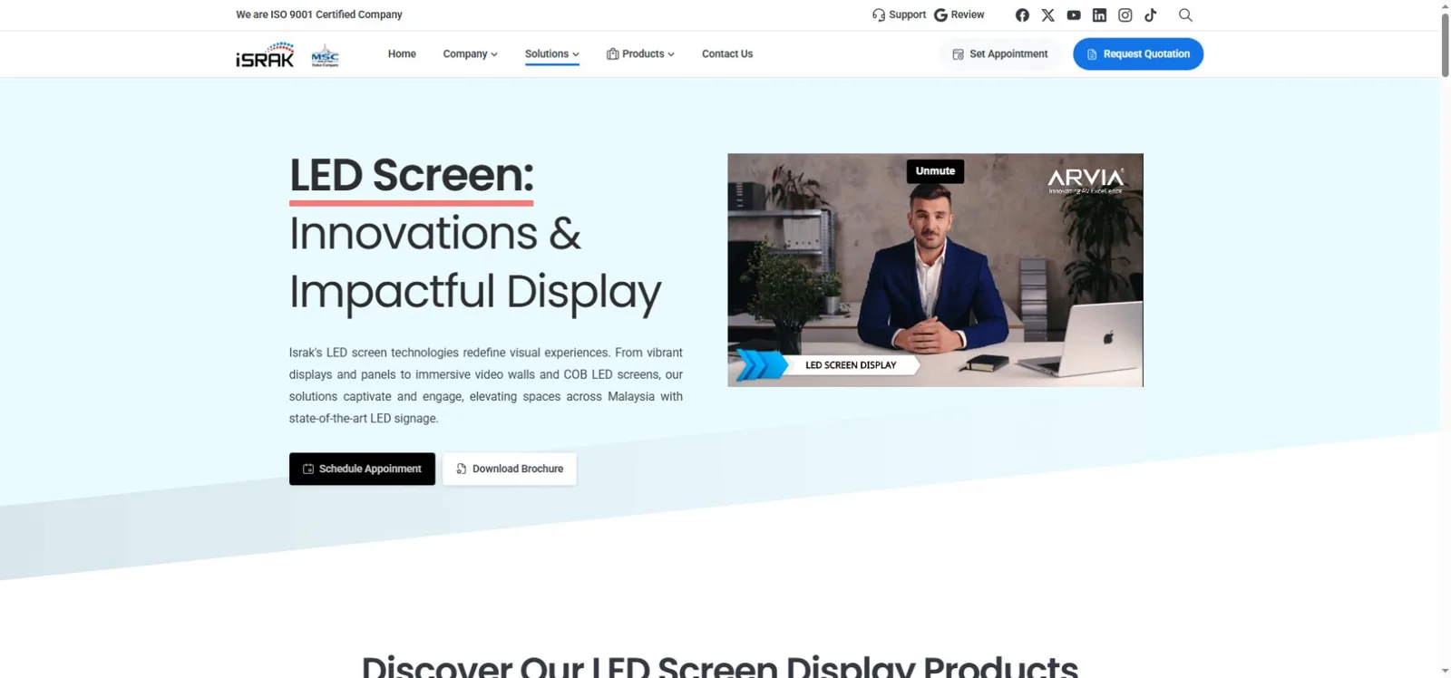 Israk Solutions official website showing company navigation and LED display information