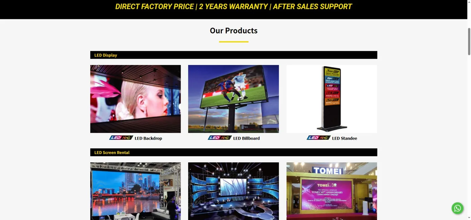 LED King official website showing company navigation and LED display information