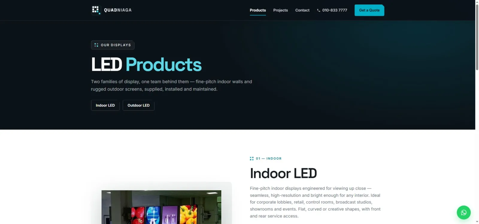 Quadniaga Solutions official website showing company navigation and LED display information