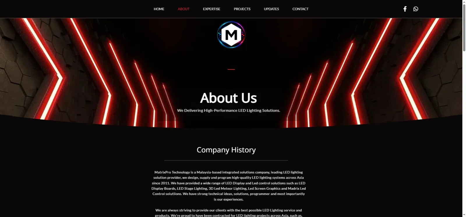 MatrixPro Technology official website showing company navigation and LED display information