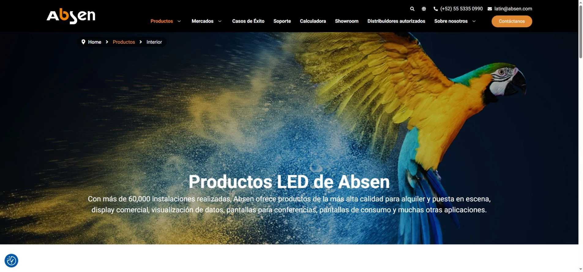Absen México official indoor LED display page with Home, Productos and Interior breadcrumb navigation