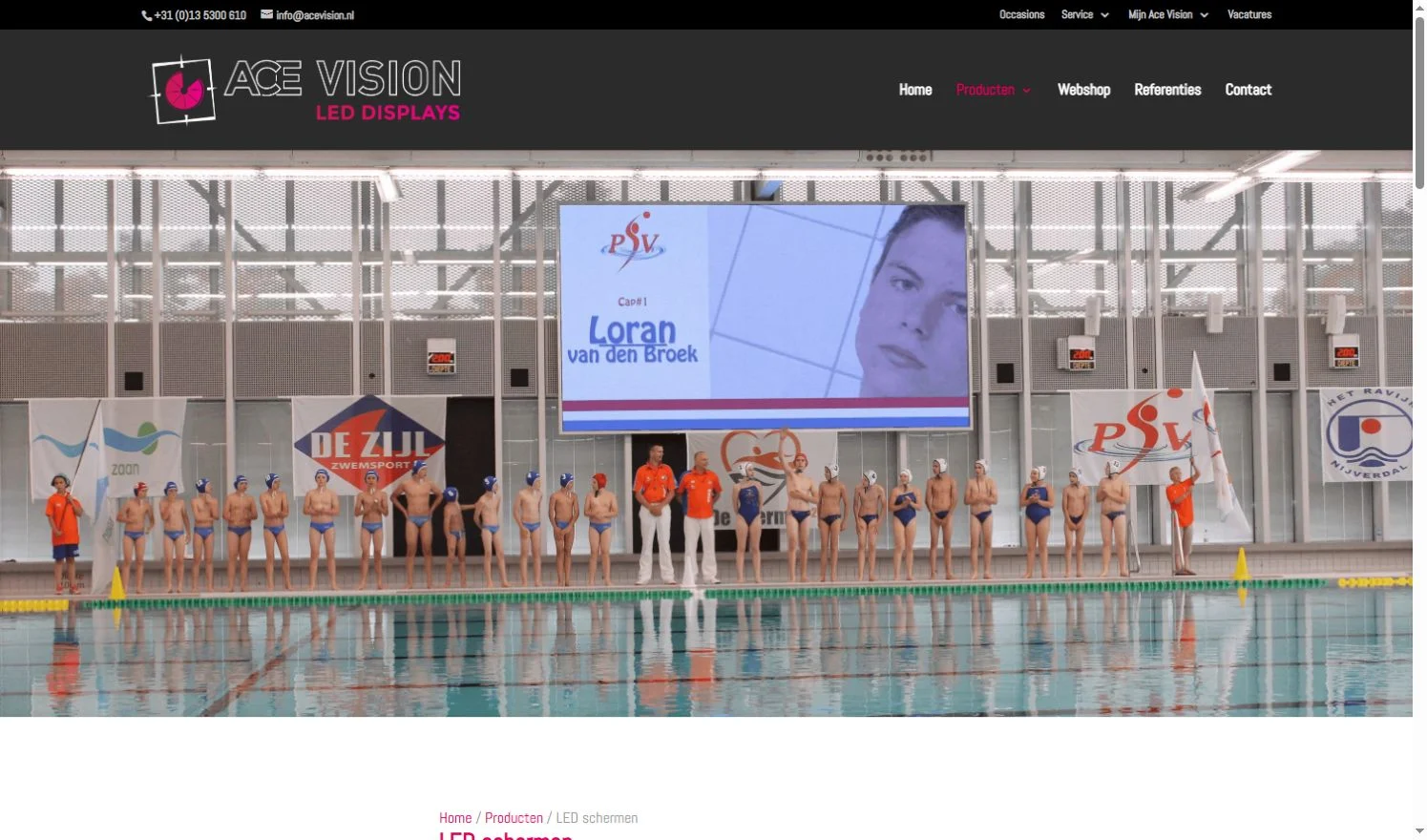Ace Vision official LED screens page with Home, Producten, and LED schermen breadcrumb navigation