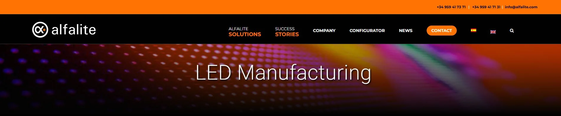 Alfalite official website showing LED manufacturing and site navigation