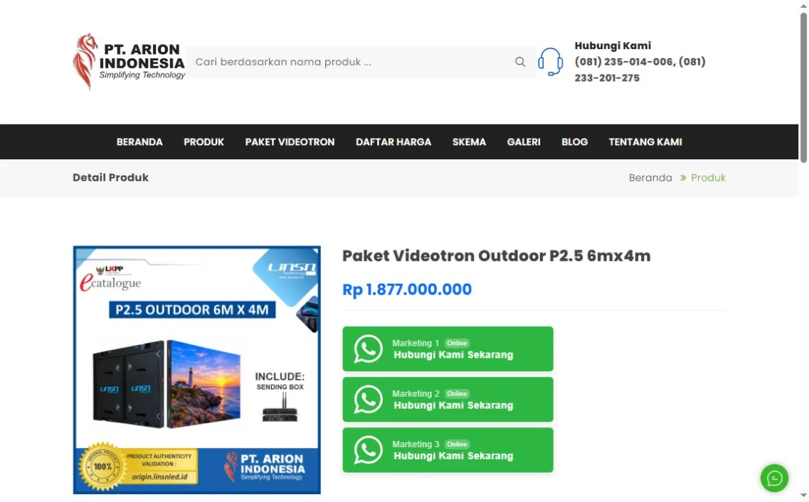 Arion Indonesia product page with breadcrumb and outdoor videotron package