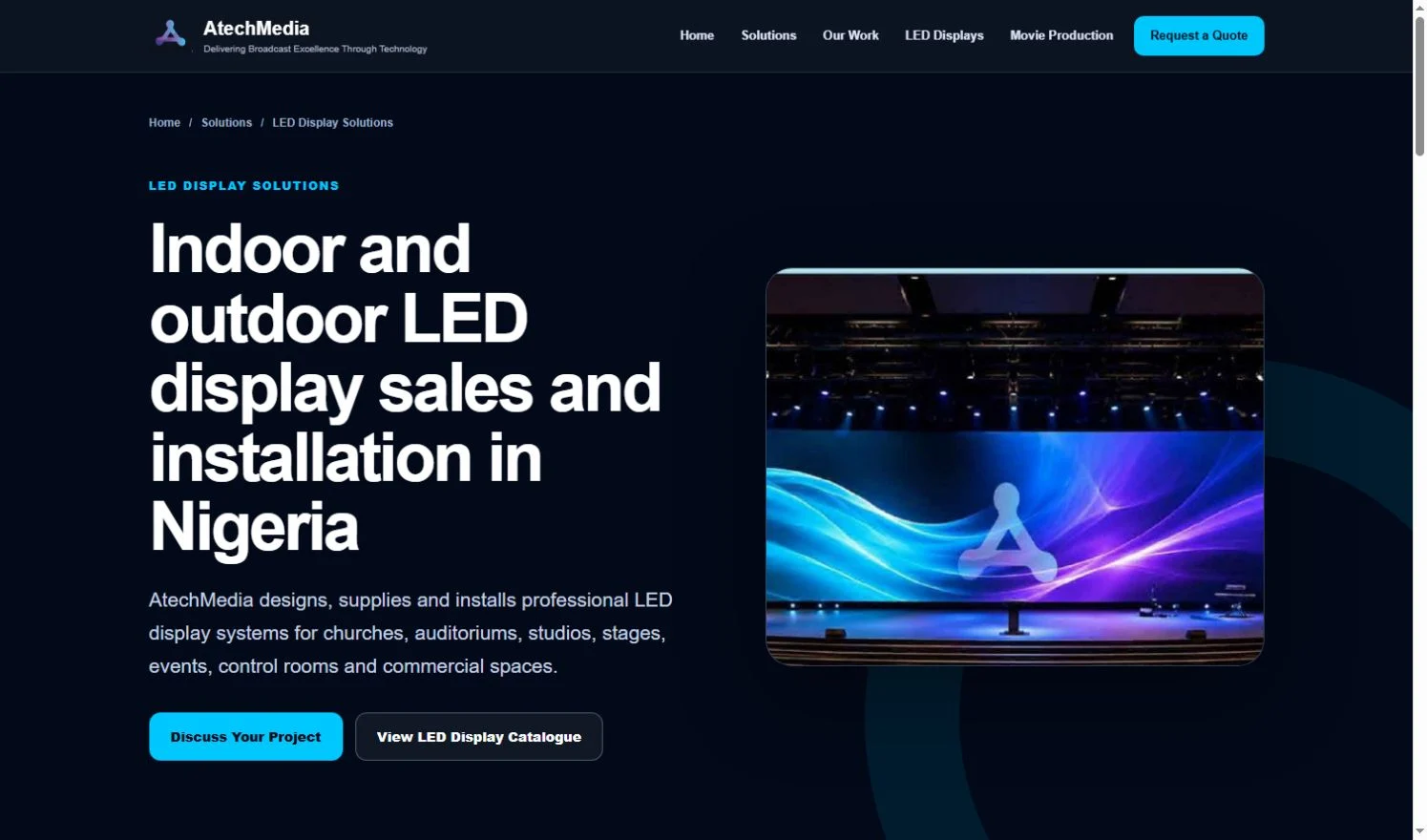 AtechMedia official LED display services page with Home / Solutions breadcrumb