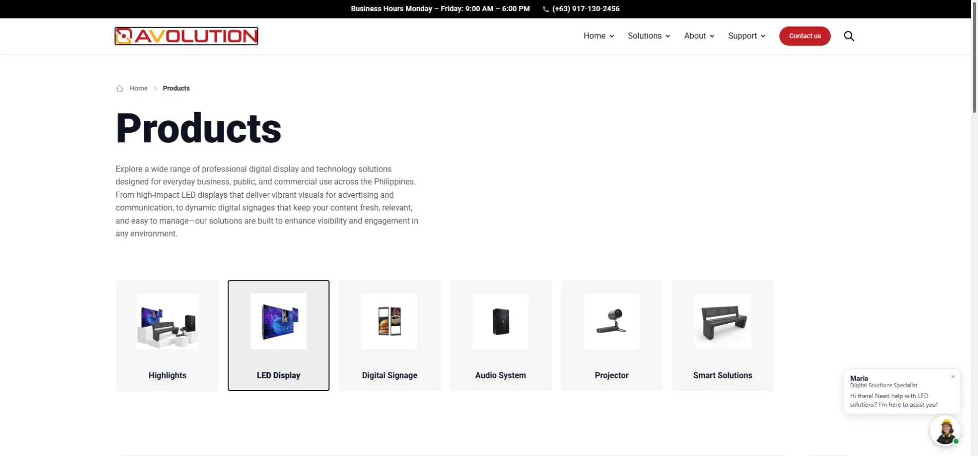 avolution-led-products-official-website Avolution LED display products page with Home and Products breadcrumb navigation