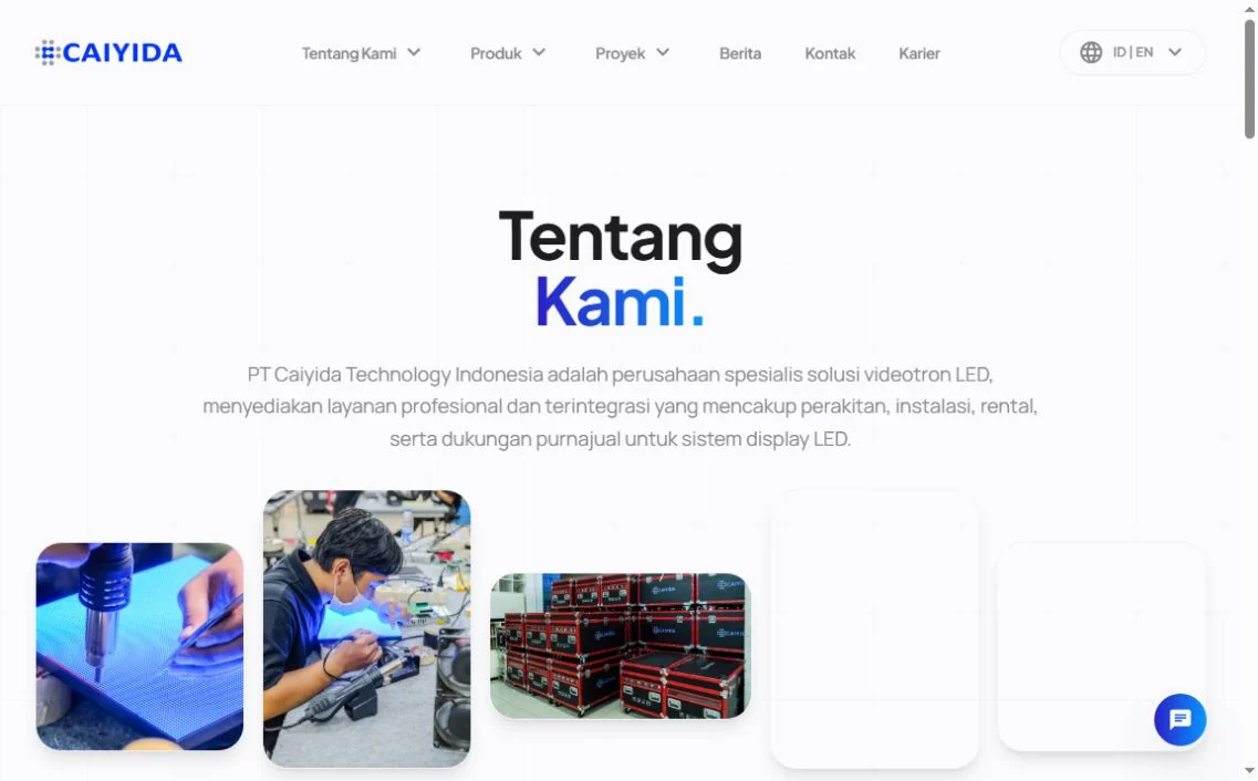 Caiyida Indonesia About page showing company information and LED work