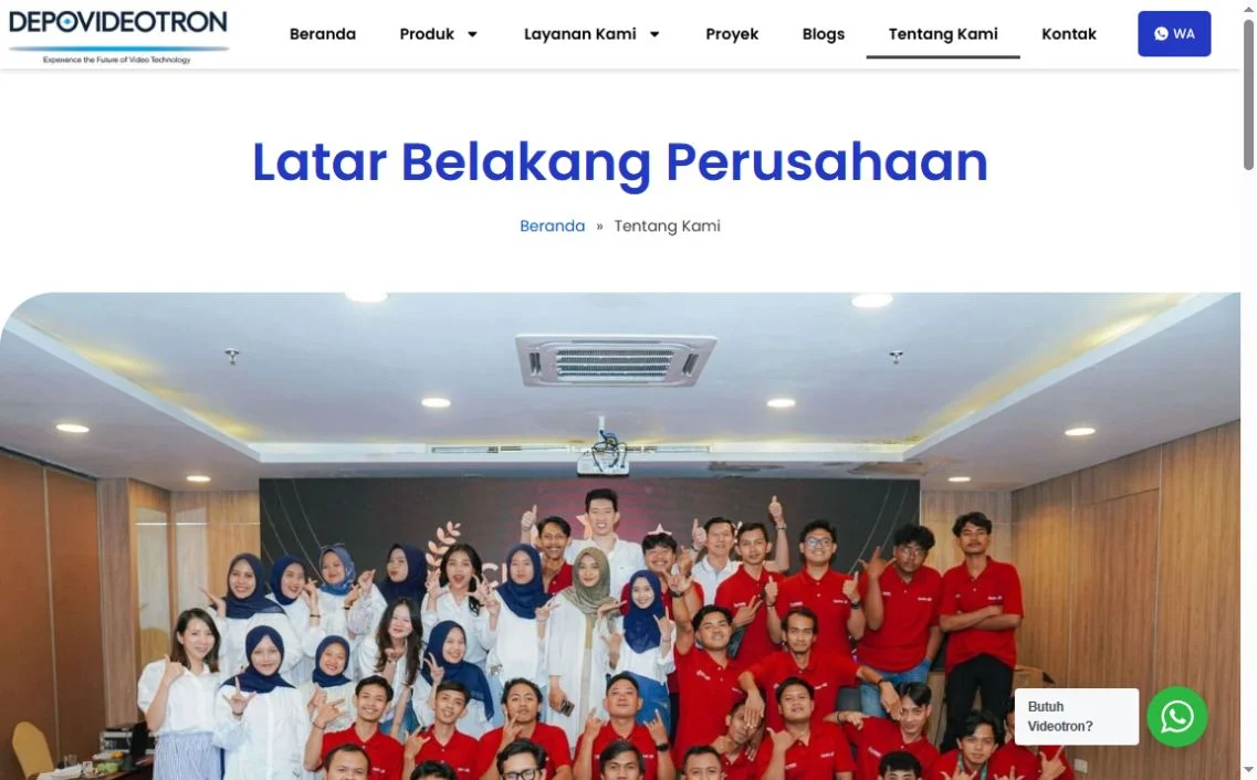 Depo Videotron About page with Beranda breadcrumb and team image