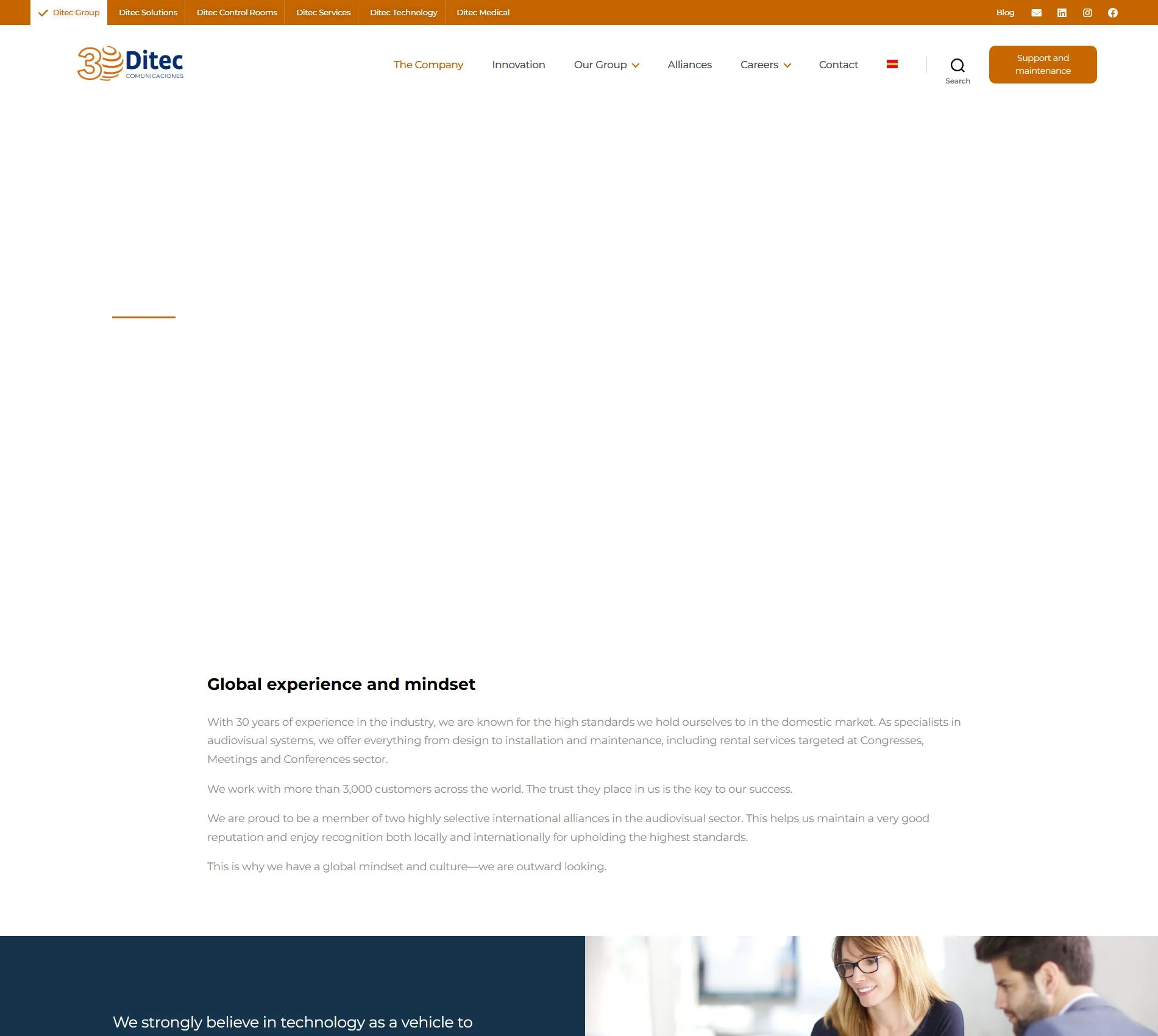 Ditec Group official website showing company information and site navigation