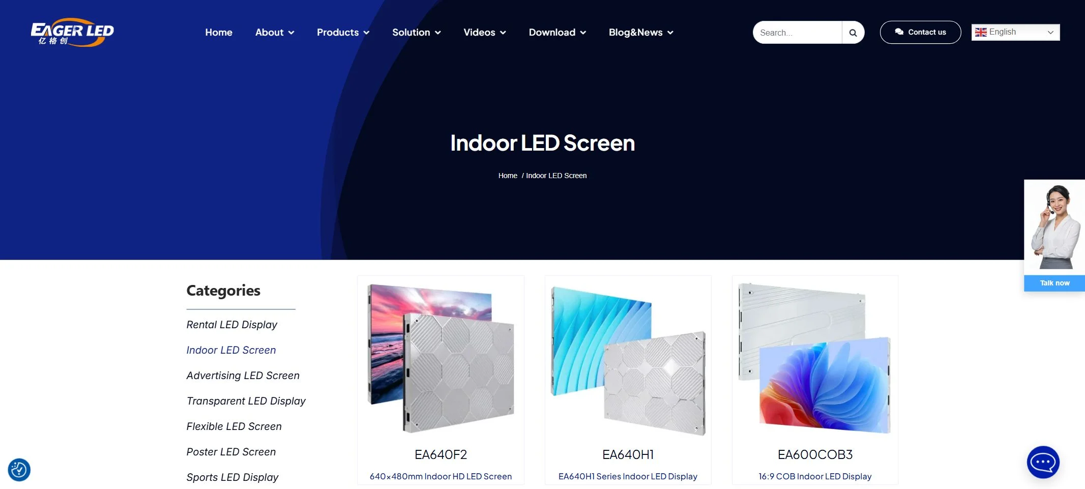EagerLED official website showing indoor LED screens and breadcrumb navigation