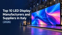 Illustrative exhibition-hall LED wall with the title Top 10 LED Display Manufacturers and Suppliers in Italy (2026)