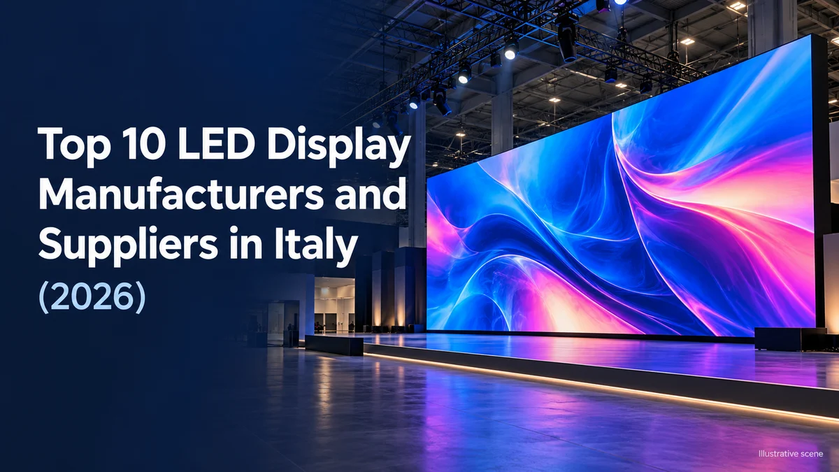 Illustrative exhibition-hall LED wall with the title Top 10 LED Display Manufacturers and Suppliers in Italy (2026)