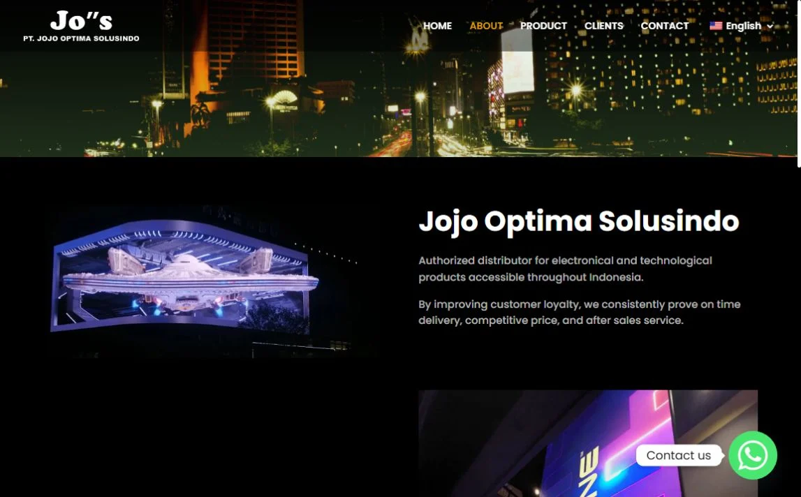 Jojo Optima Solusindo About page with company navigation and display imagery
