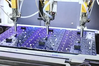 Conformal coating being applied to LED module circuit boards