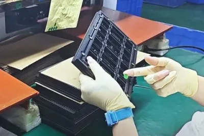 Technician inspecting the rear of an LED display module
