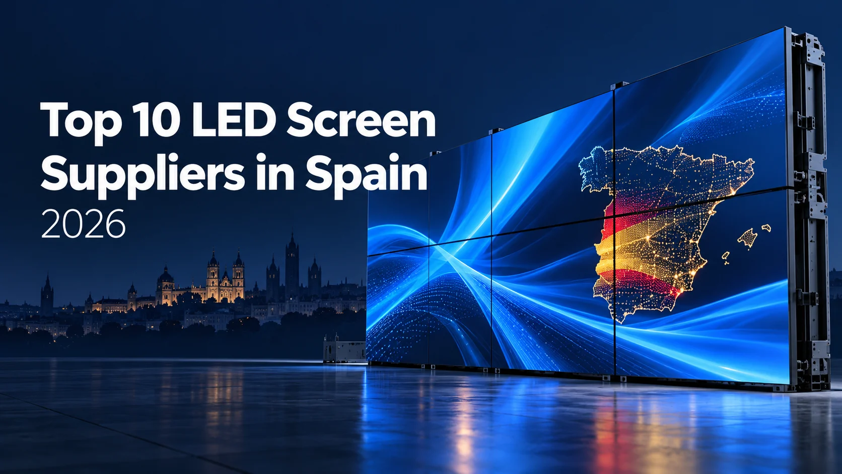 Illustrated cover for Top 10 LED Screen Suppliers in Spain (2026), featuring modular LED panels and a Spain map