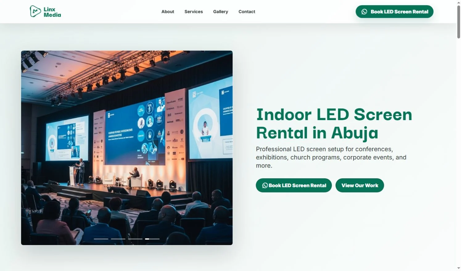 Linx Media official website showing indoor LED screen rental in Abuja