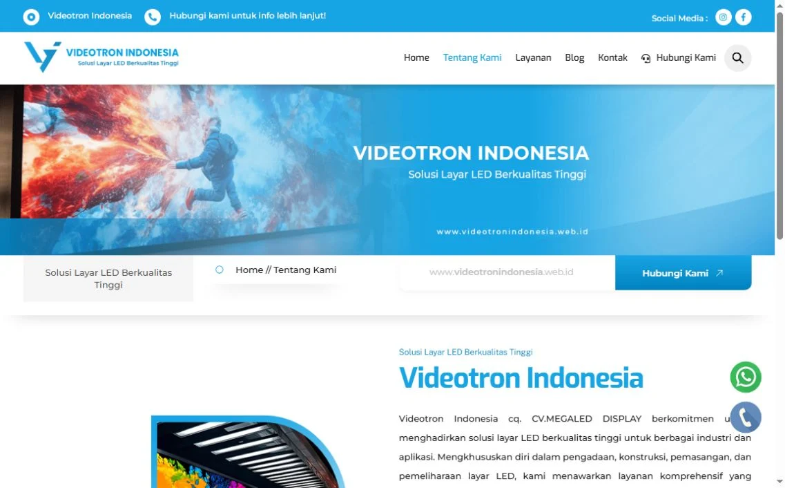 CV Megaled Display About page with Home and Tentang Kami breadcrumb