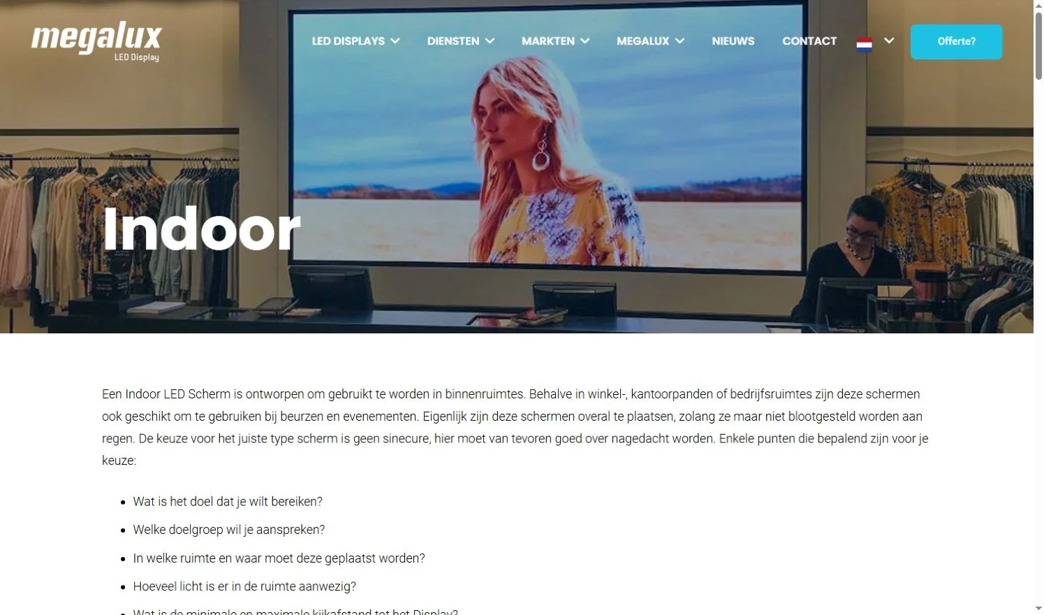 Megalux official indoor LED display page and navigation