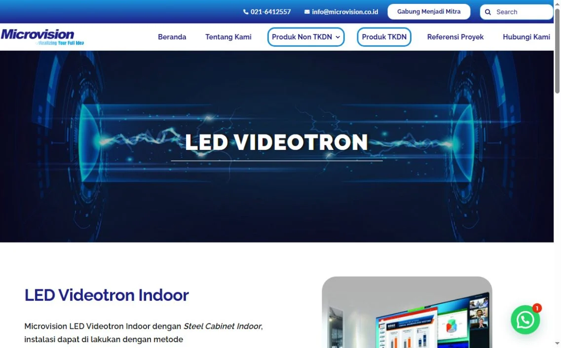Microvision LED Videotron page with company navigation and display categories