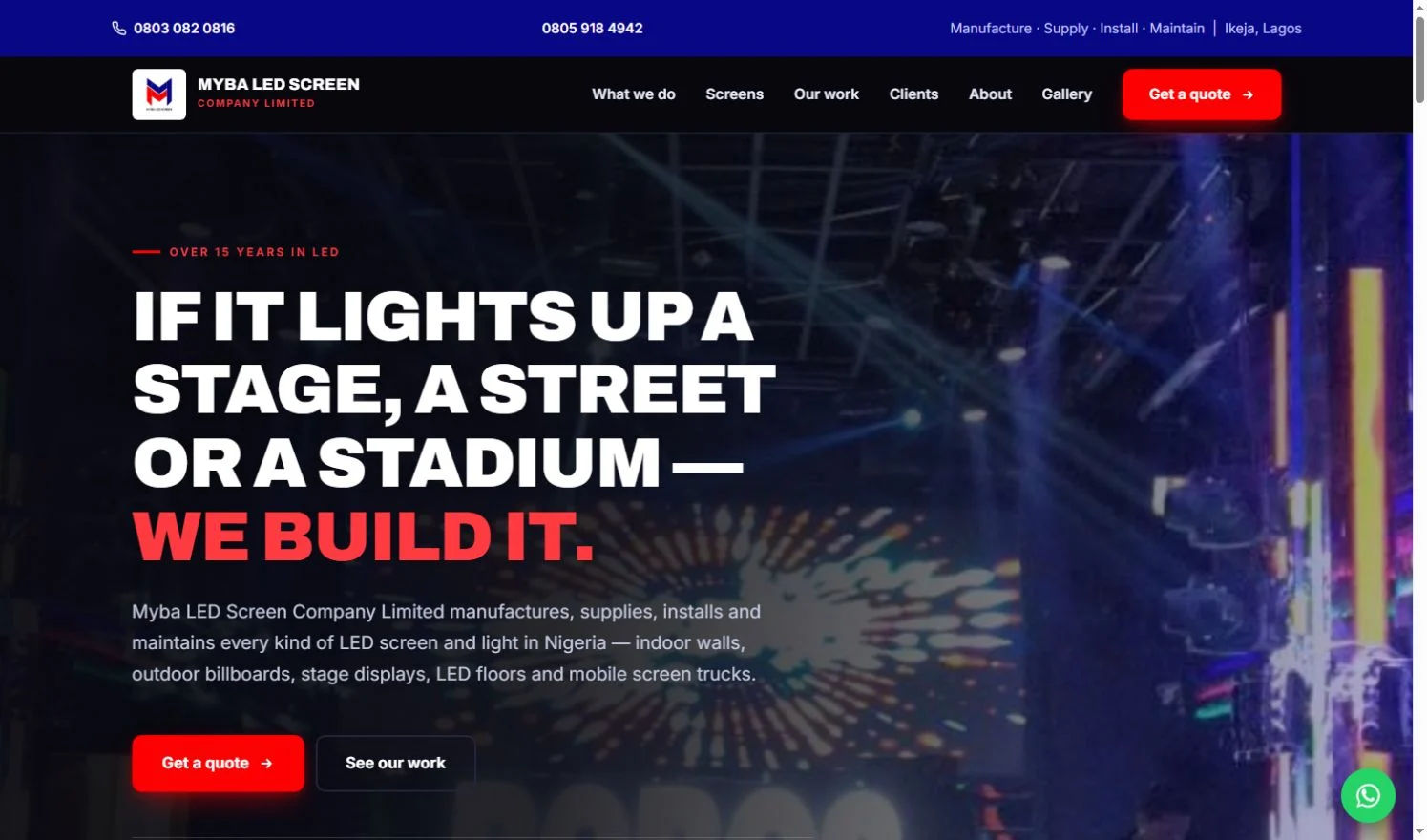 Myba LED Screen official website showing its screen supply and installation offering