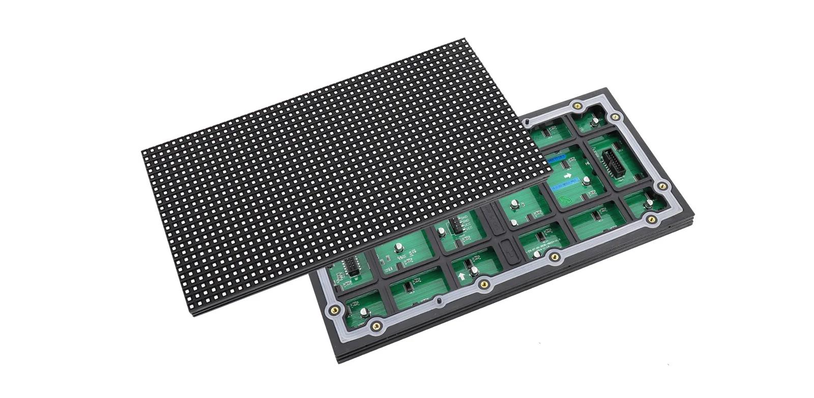 Front LED array and rear circuit board of an outdoor LED display module