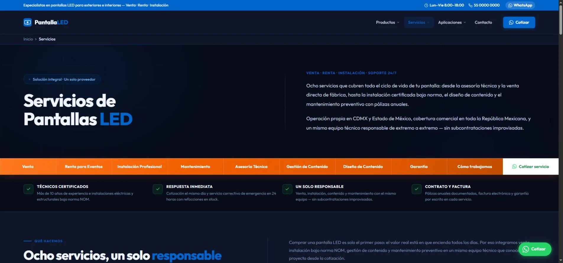 PantallaLED official LED screen services page with Inicio and Servicios breadcrumb navigation