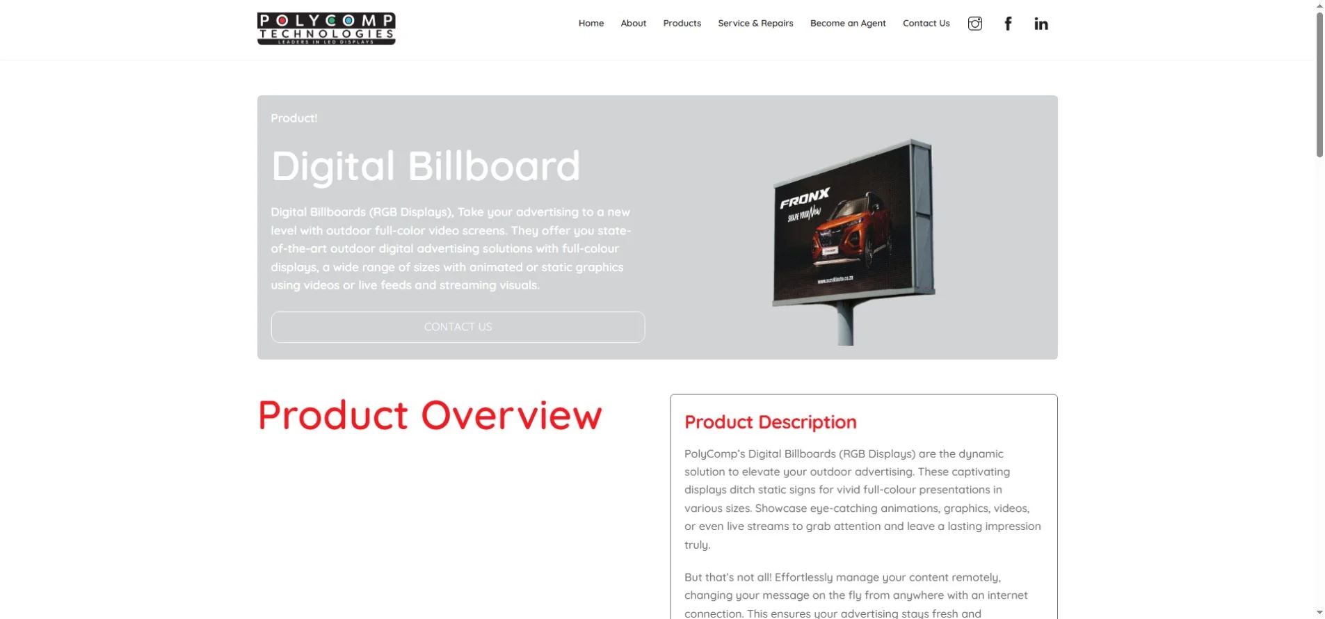 PolyComp Technologies official website showing its LED display offering