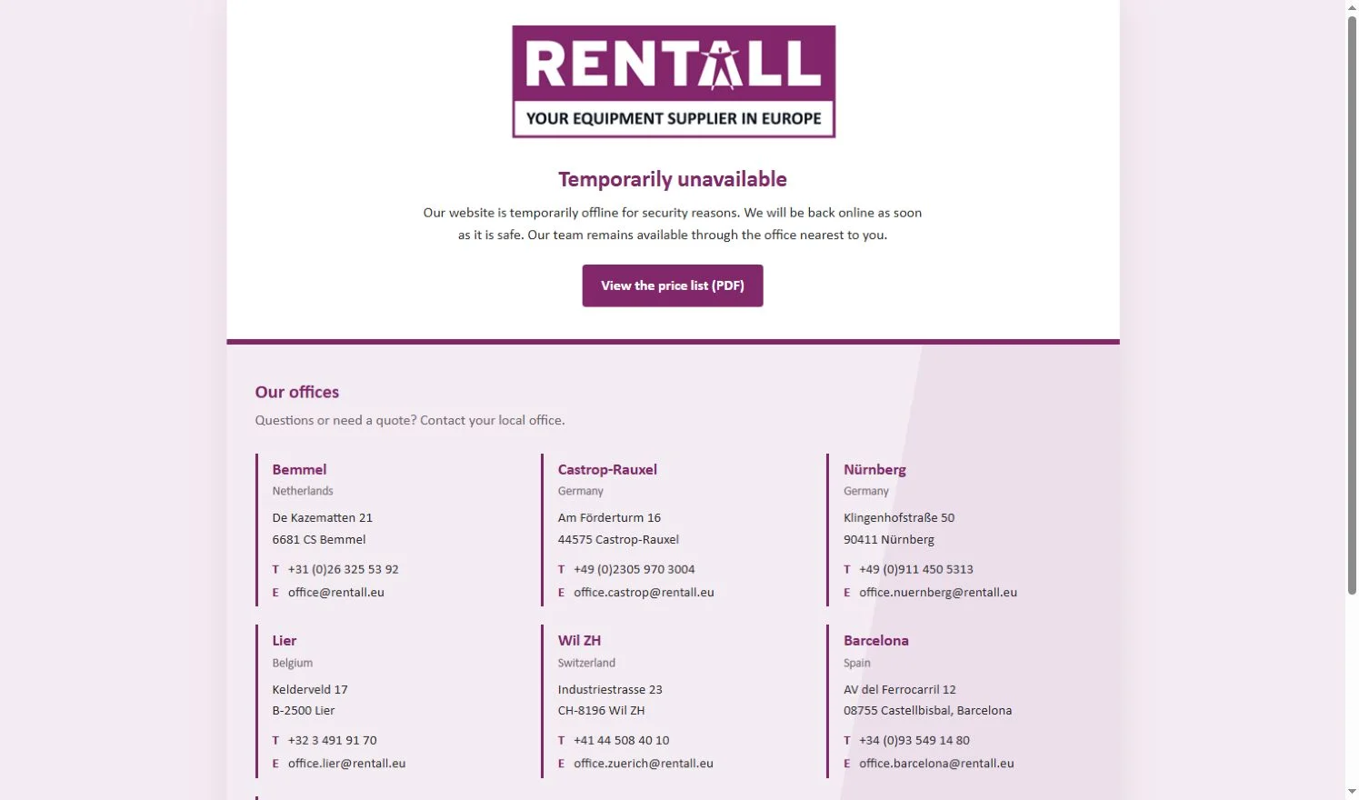 Rent-All official website temporary maintenance notice and Netherlands office information