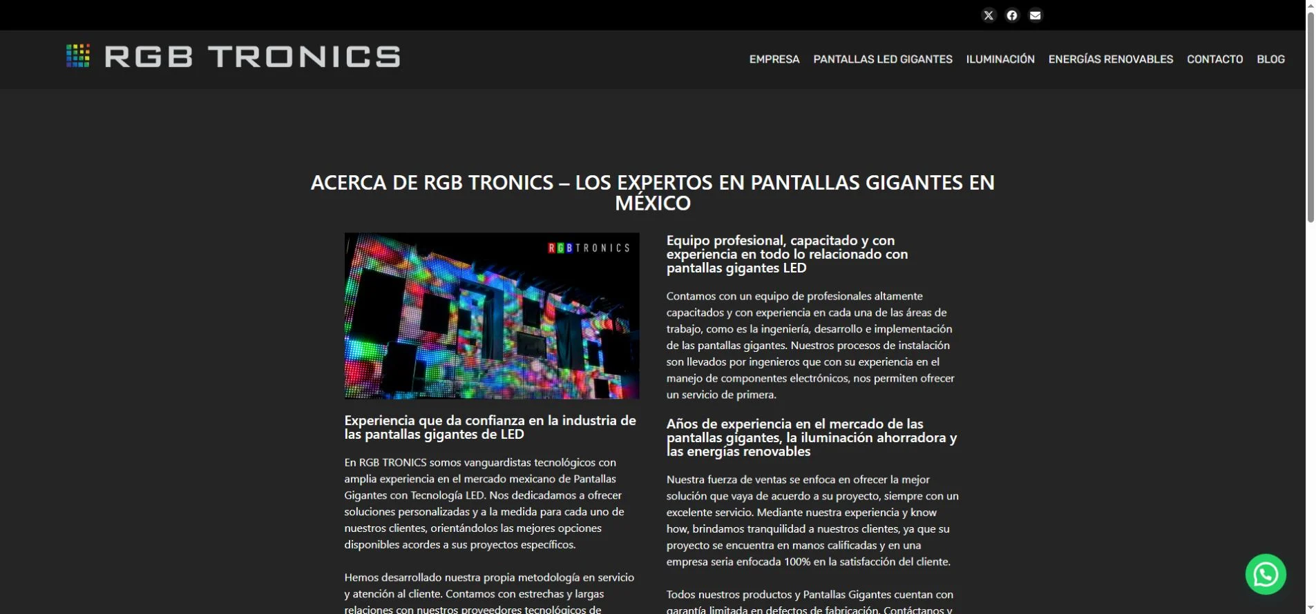 RGB Tronics official company page for large LED screens in Mexico with website navigation