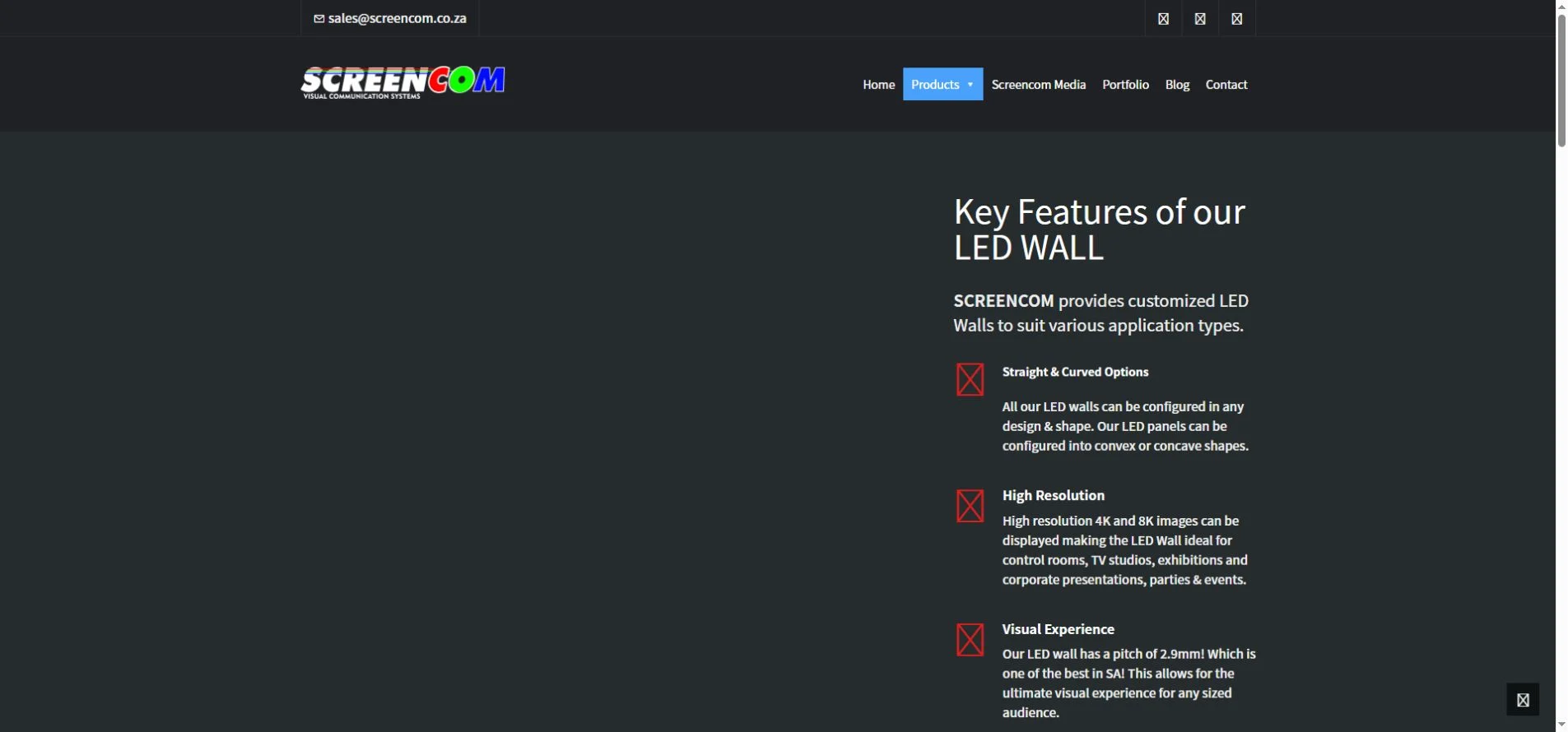 Screencom official website showing its LED display offering