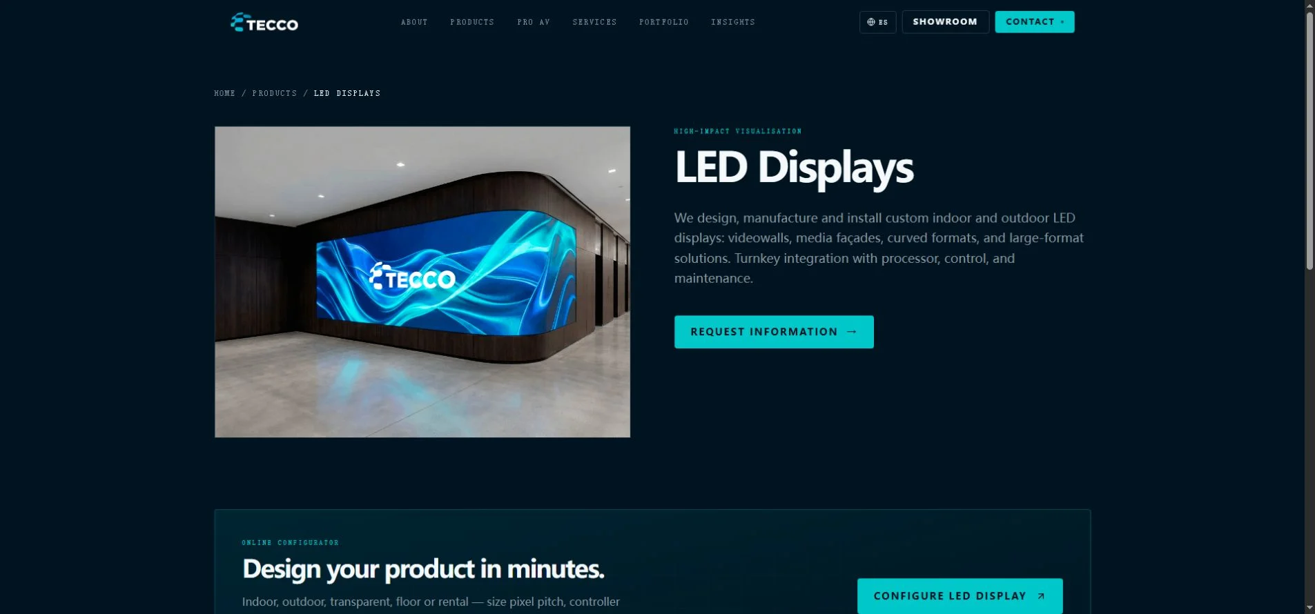 TECCO official website showing LED display solutions and breadcrumb navigation