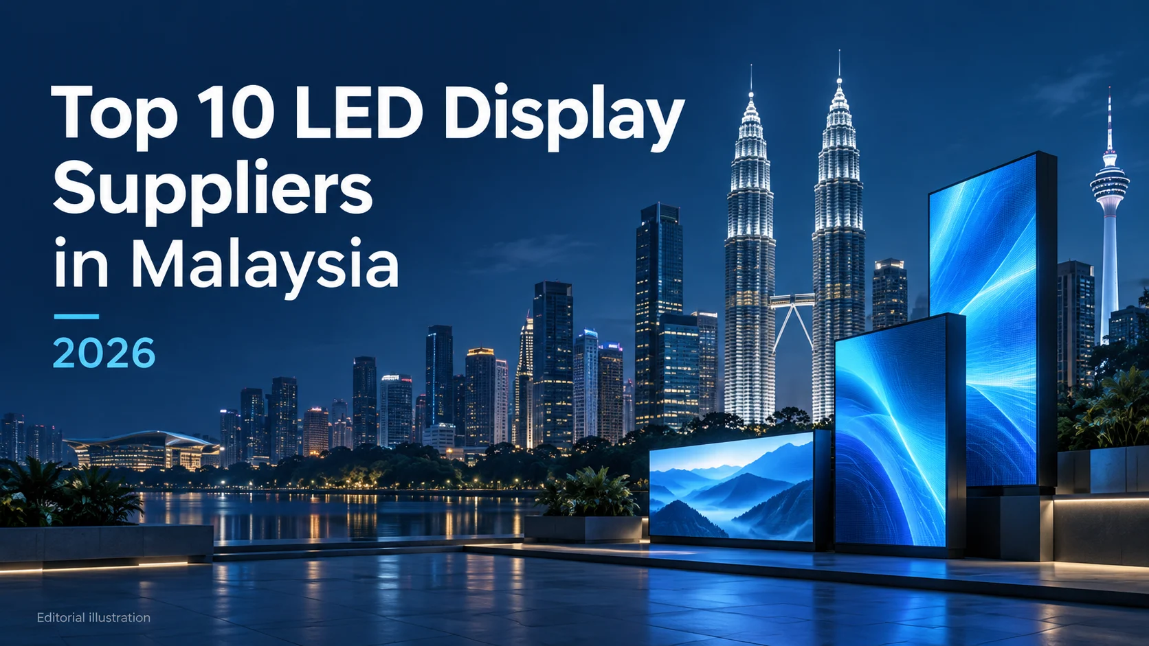 Top 10 LED display suppliers in Malaysia for 2026, illustrated with Kuala Lumpur skyline and LED screens