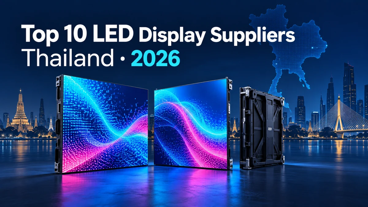 Illustrative cover for Top 10 LED Display Suppliers in Thailand 2026, showing LED cabinets and a Thailand map