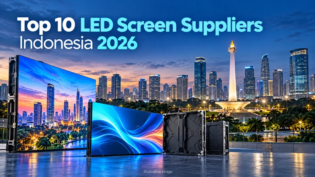 Illustrative Jakarta skyline and LED displays for the 2026 Indonesia LED screen suppliers guide