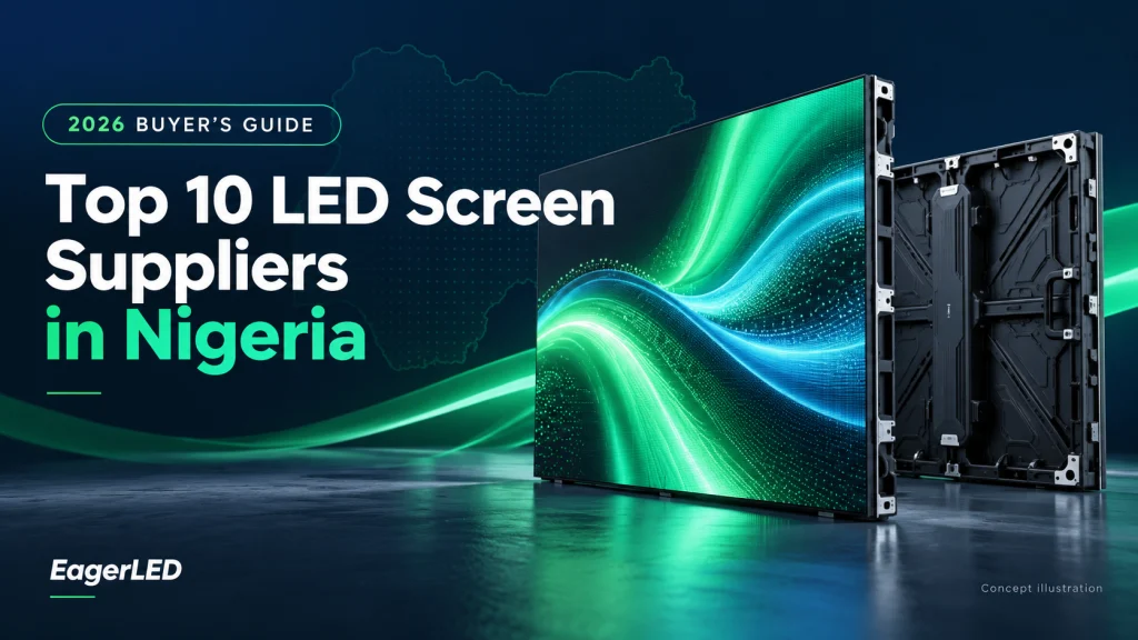 Top 10 LED screen suppliers in Nigeria 2026 buyer guide cover with modular LED cabinet concept illustration