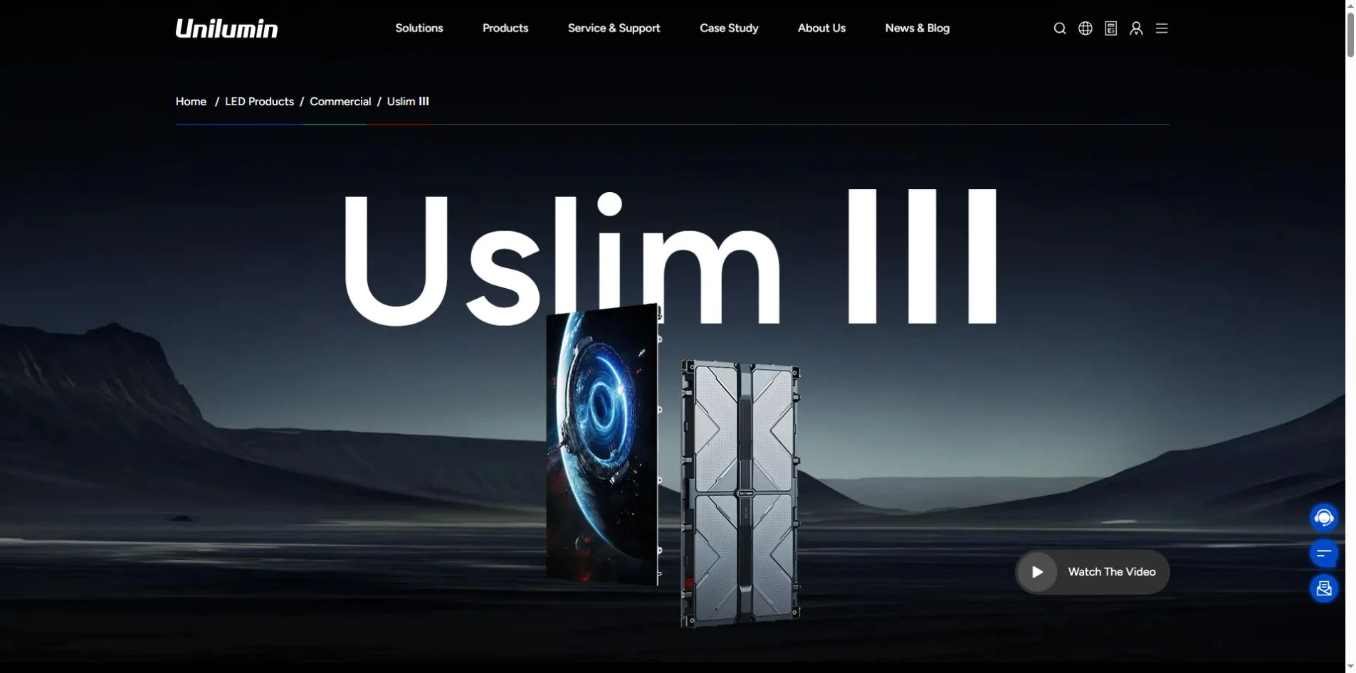 Unilumin official Uslim III product page with Home, LED Products and Commercial breadcrumb navigation