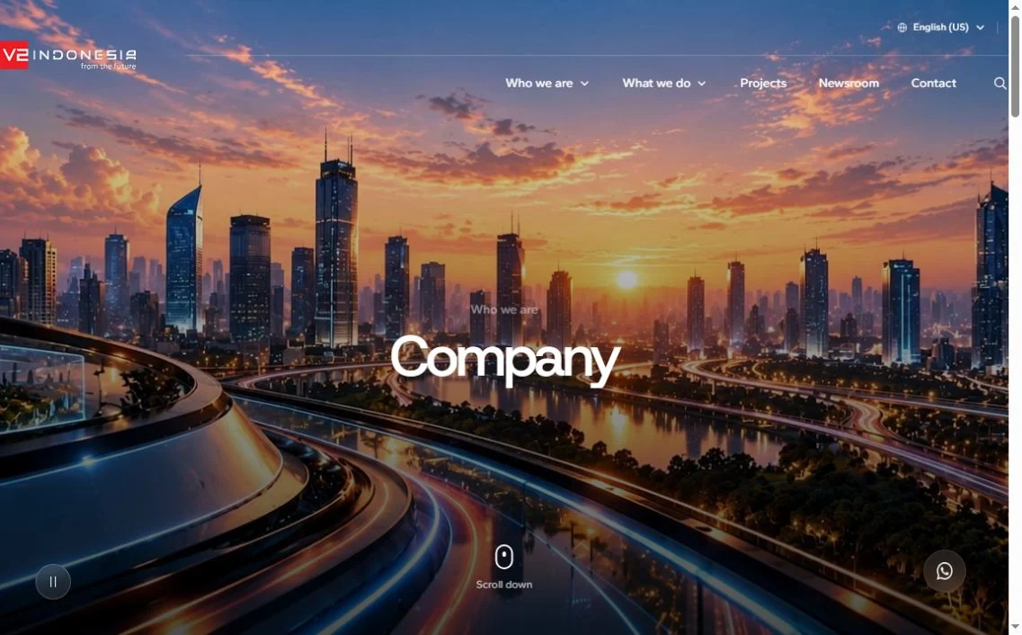 V2 Indonesia company page with navigation and Company hero banner