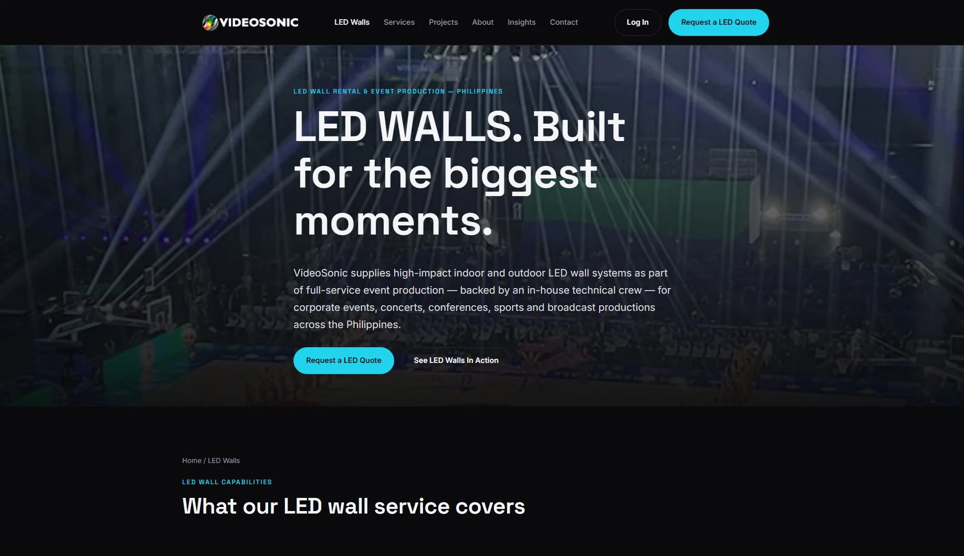 videosonic-led-wall-official-website VideoSonic LED wall rental page with Home and LED Walls breadcrumb navigation