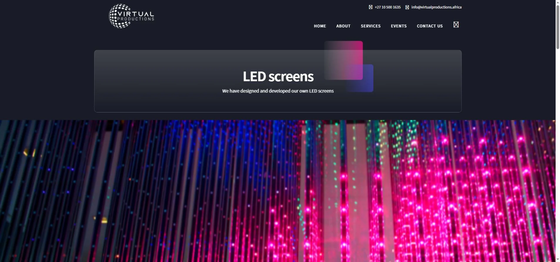 Virtual Productions official website showing its LED display offering